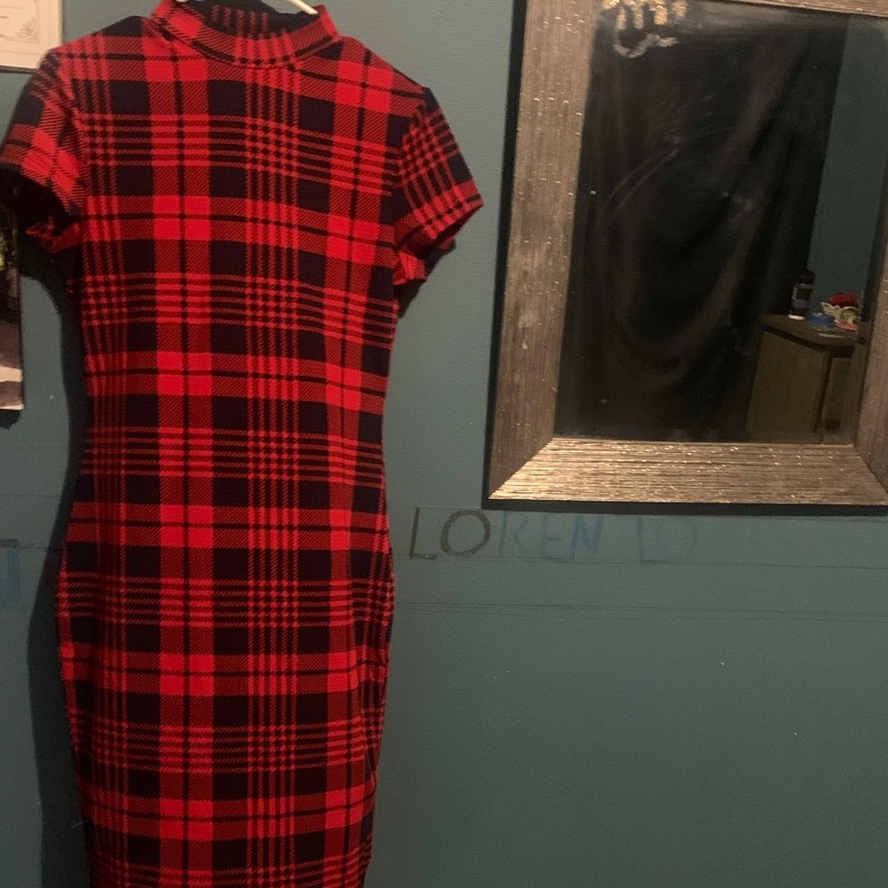 SHEIN Red and Black Plaid Mini Dress